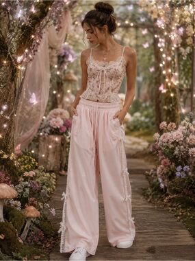 FREE HAVEN Light Pink Lace Leg Lounge Pants with Trim and Ties SM Fairycore